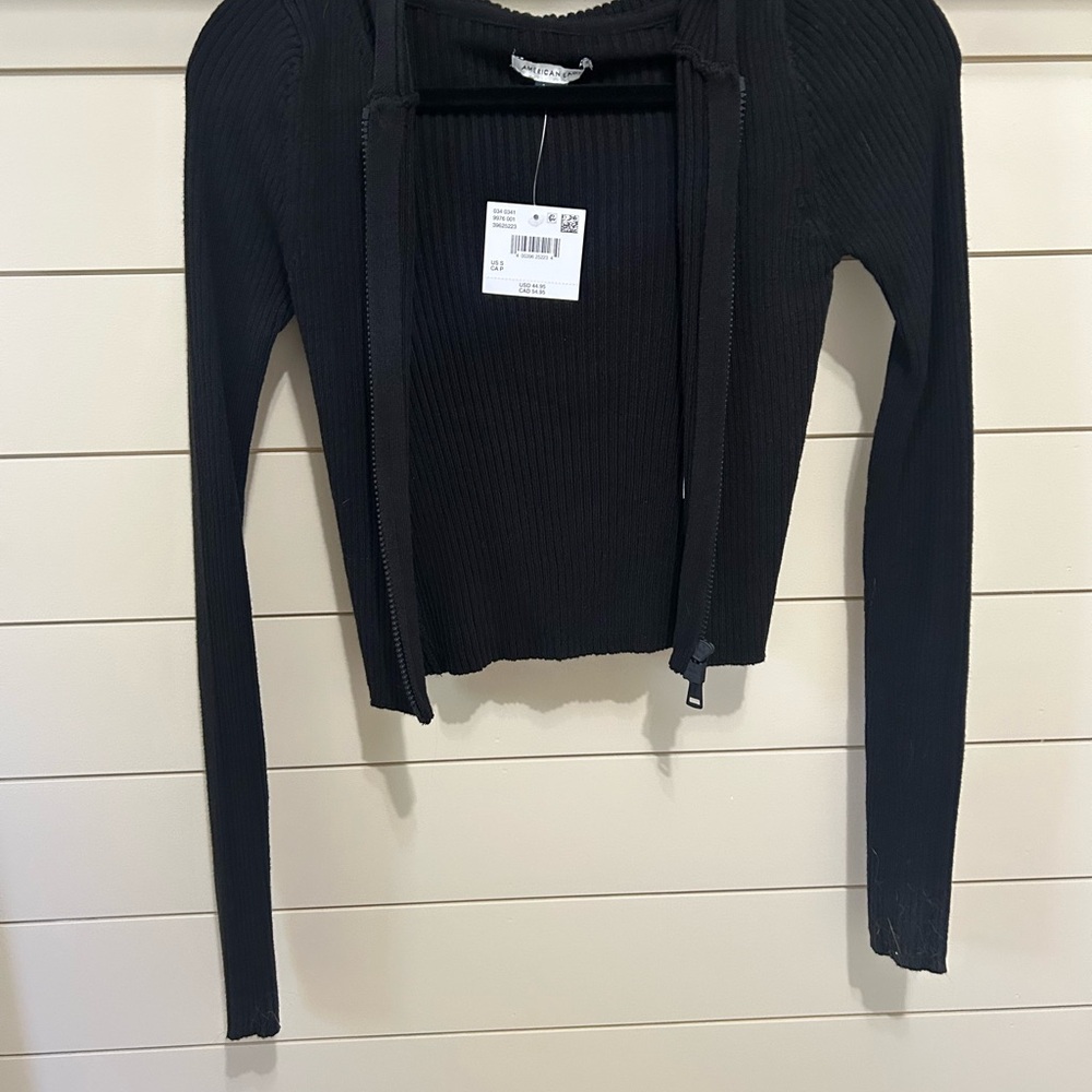 American Eagle Outfitters Black Knit Zip Up Cropped